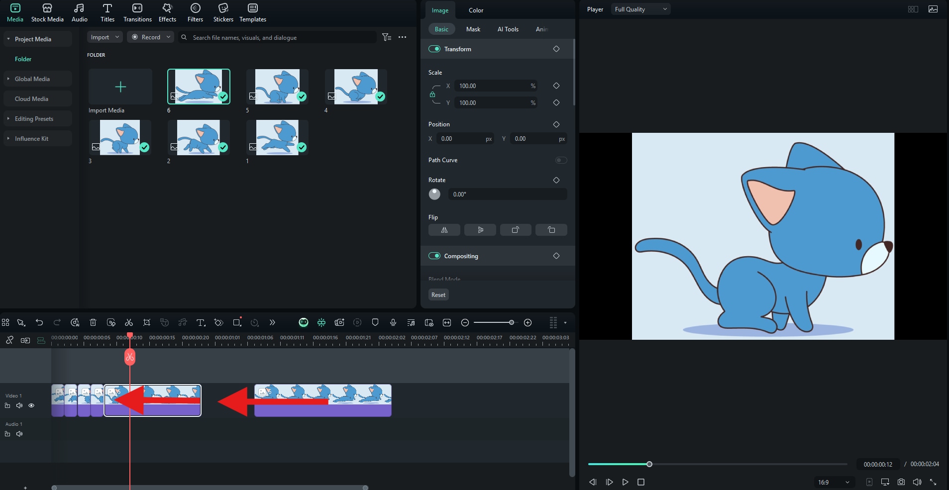 trim and move clips in timeline