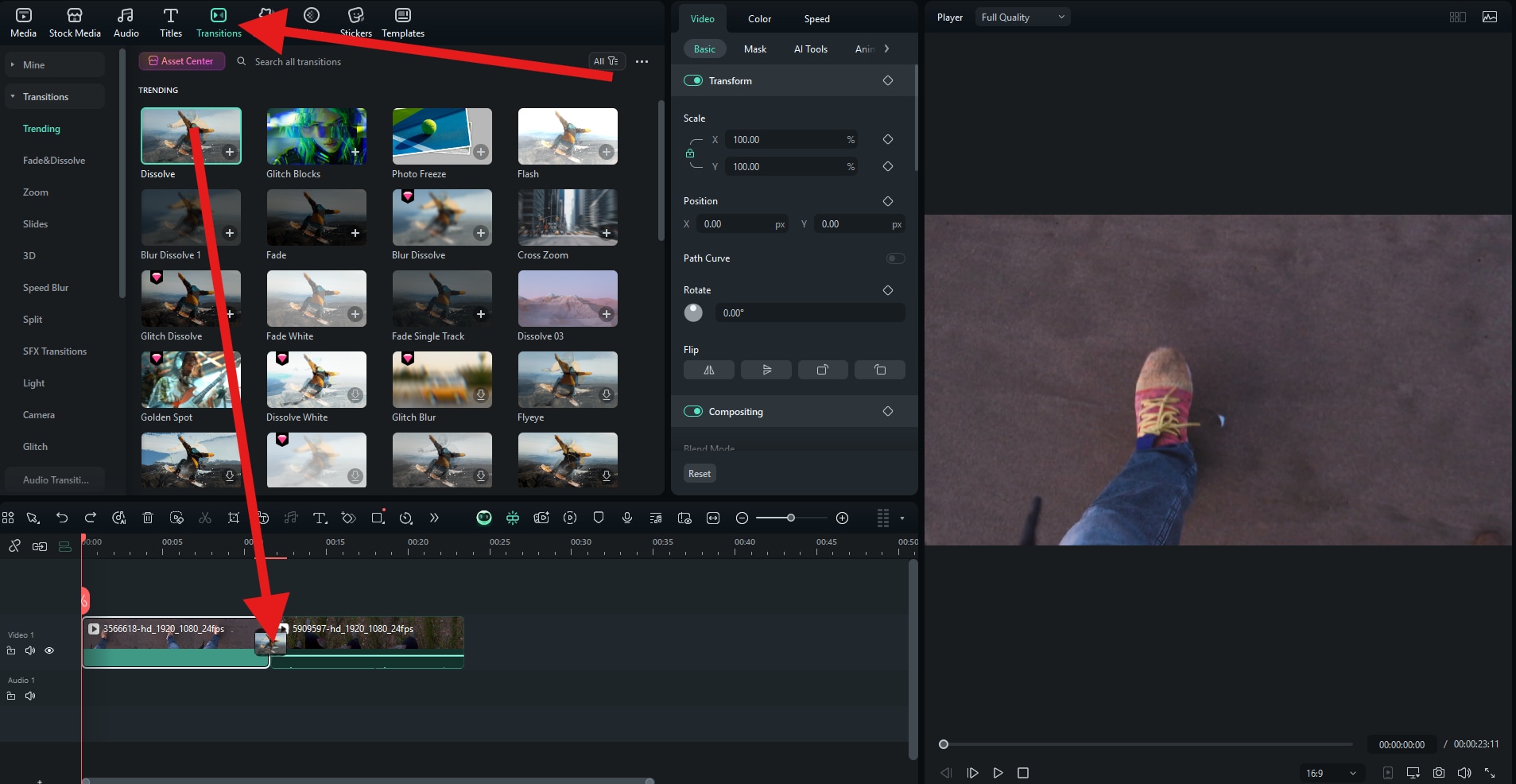 pick transition effect drag to timeline