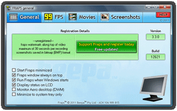 fraps software interface with features