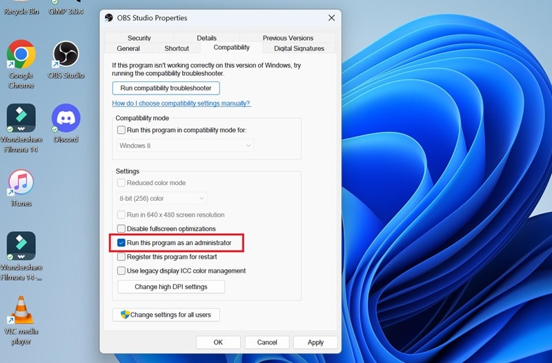 run obs as administrator permanently