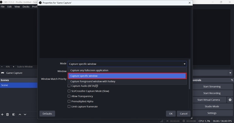 obs game capture specific window