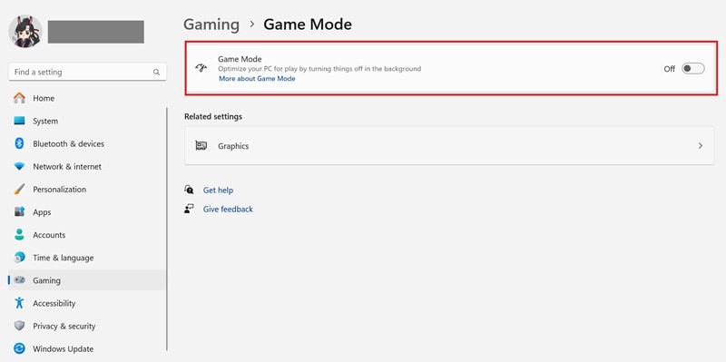 disable game mode in settings