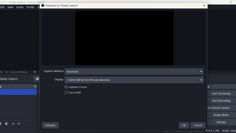 obs black screen display capture
