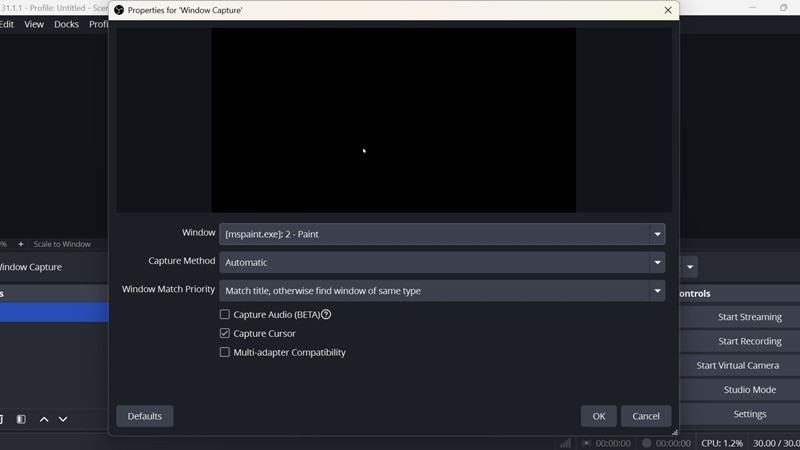 obs black screen window capture