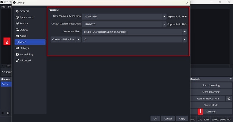 make sure obs settings