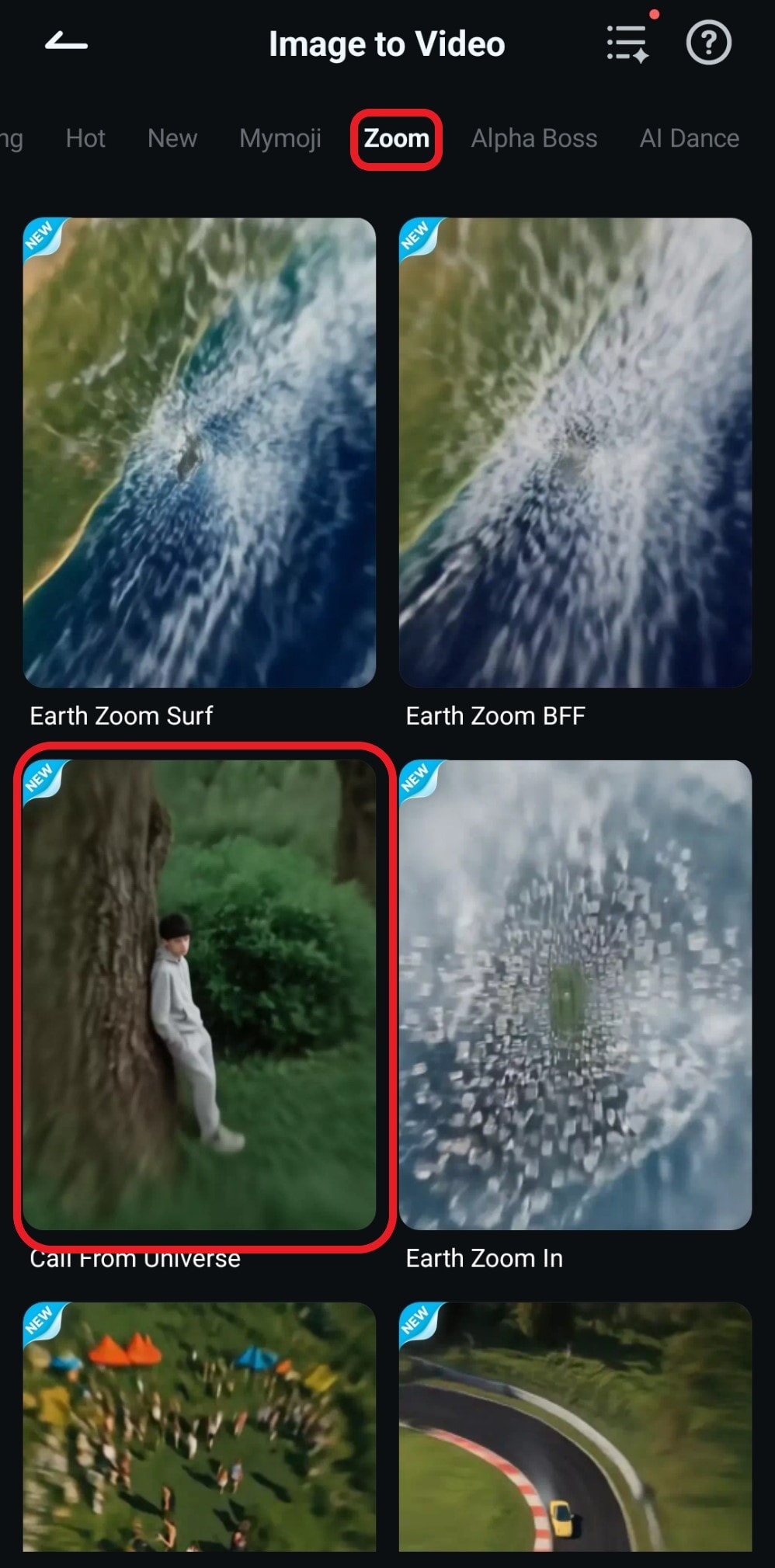 select call from universe template filmora