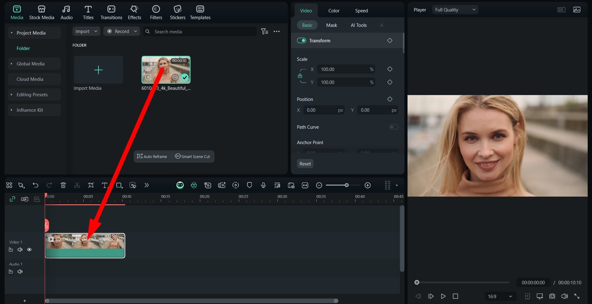drag video to editing timeline filmora