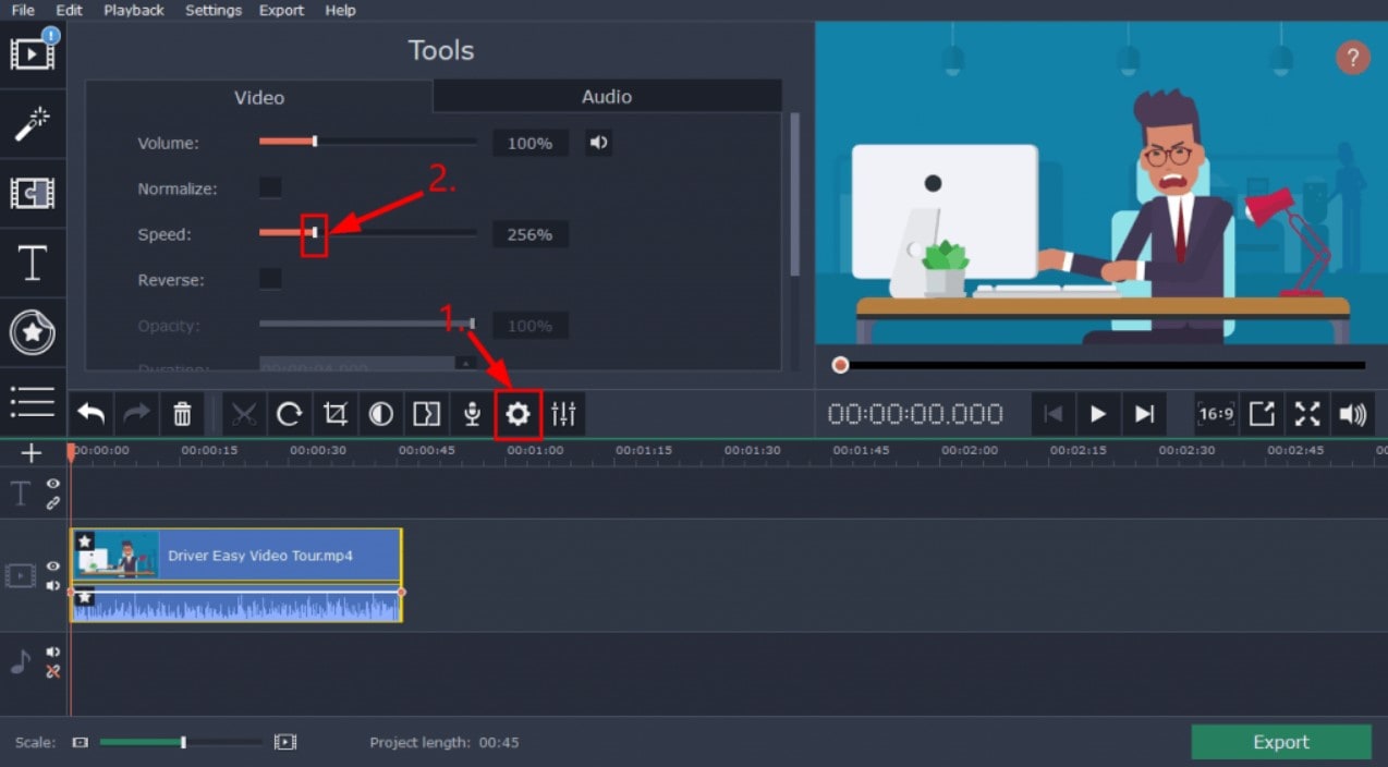 speed control interface movavi video editor