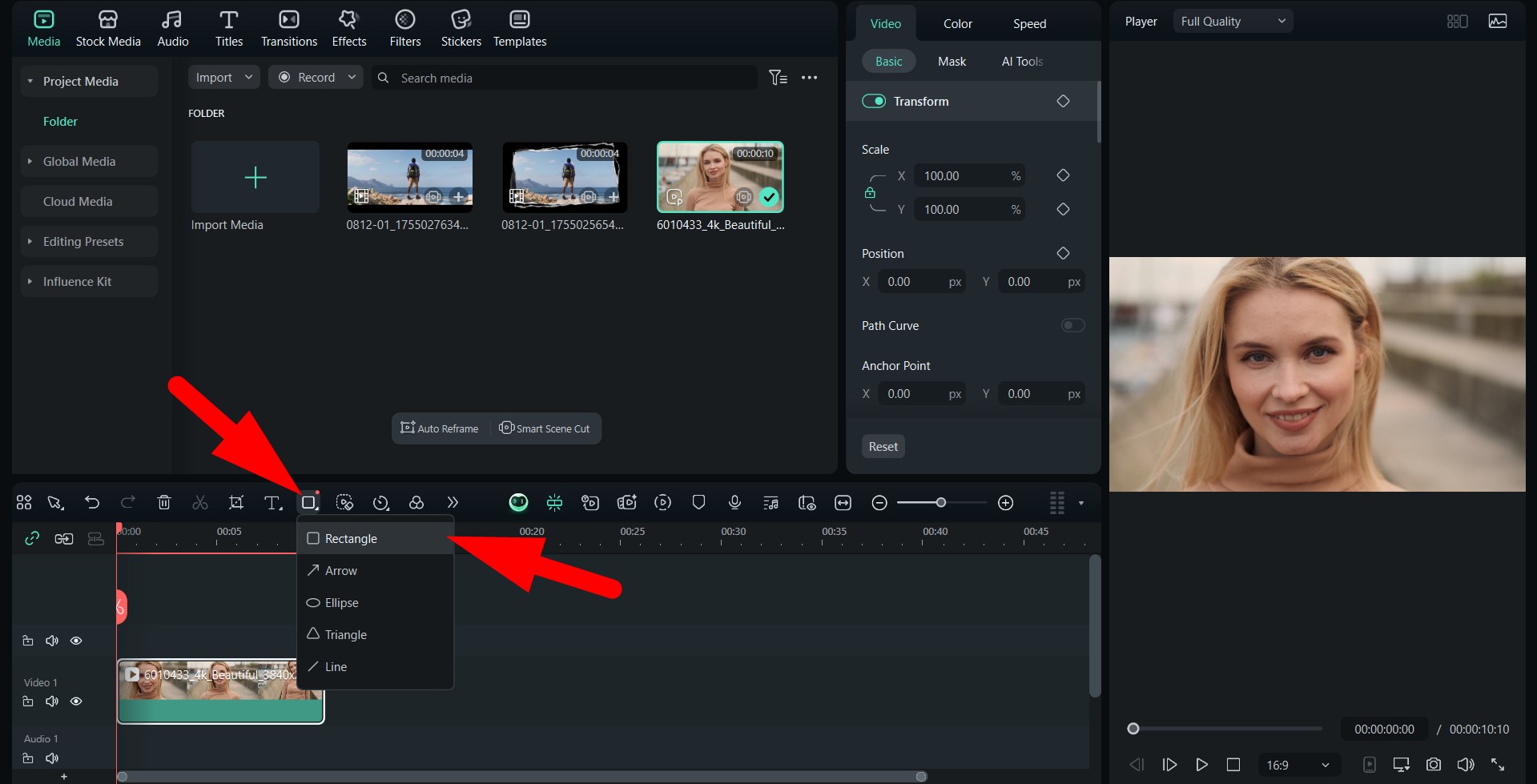 use drawing rectangle tool filmora pc