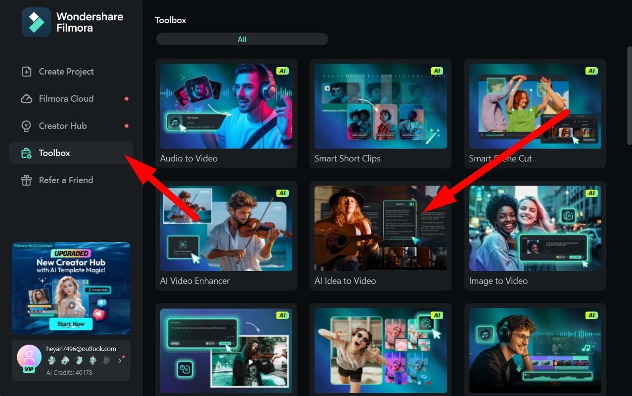 activate idea to video feature filmora