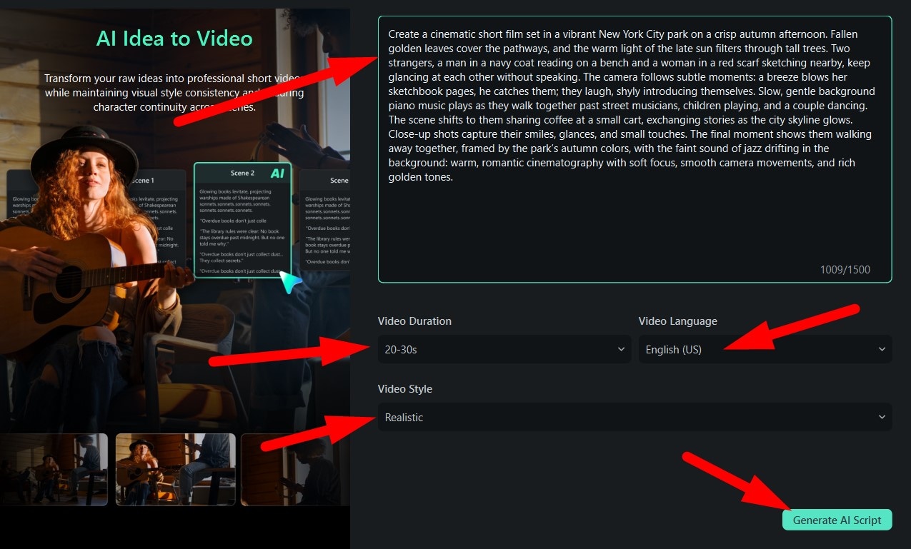 geneate ai script idea to video