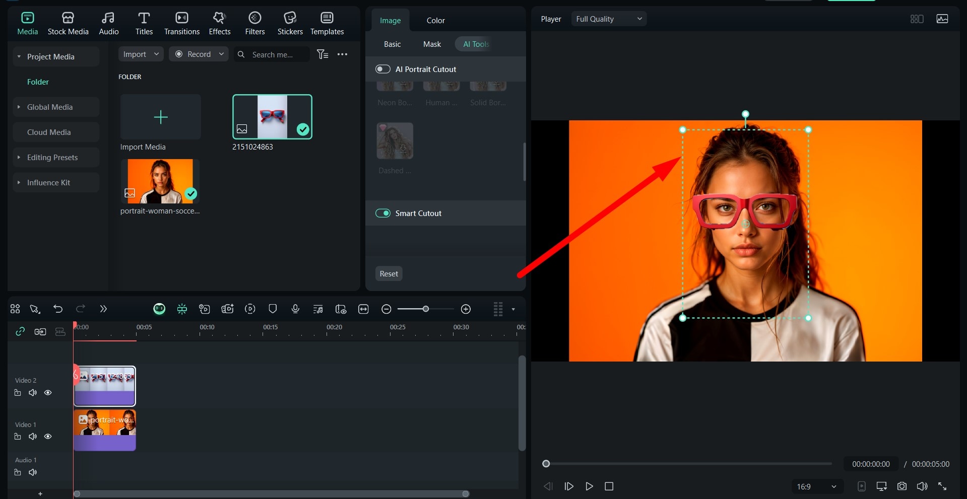 adjust the cutout glasses on filmora pc