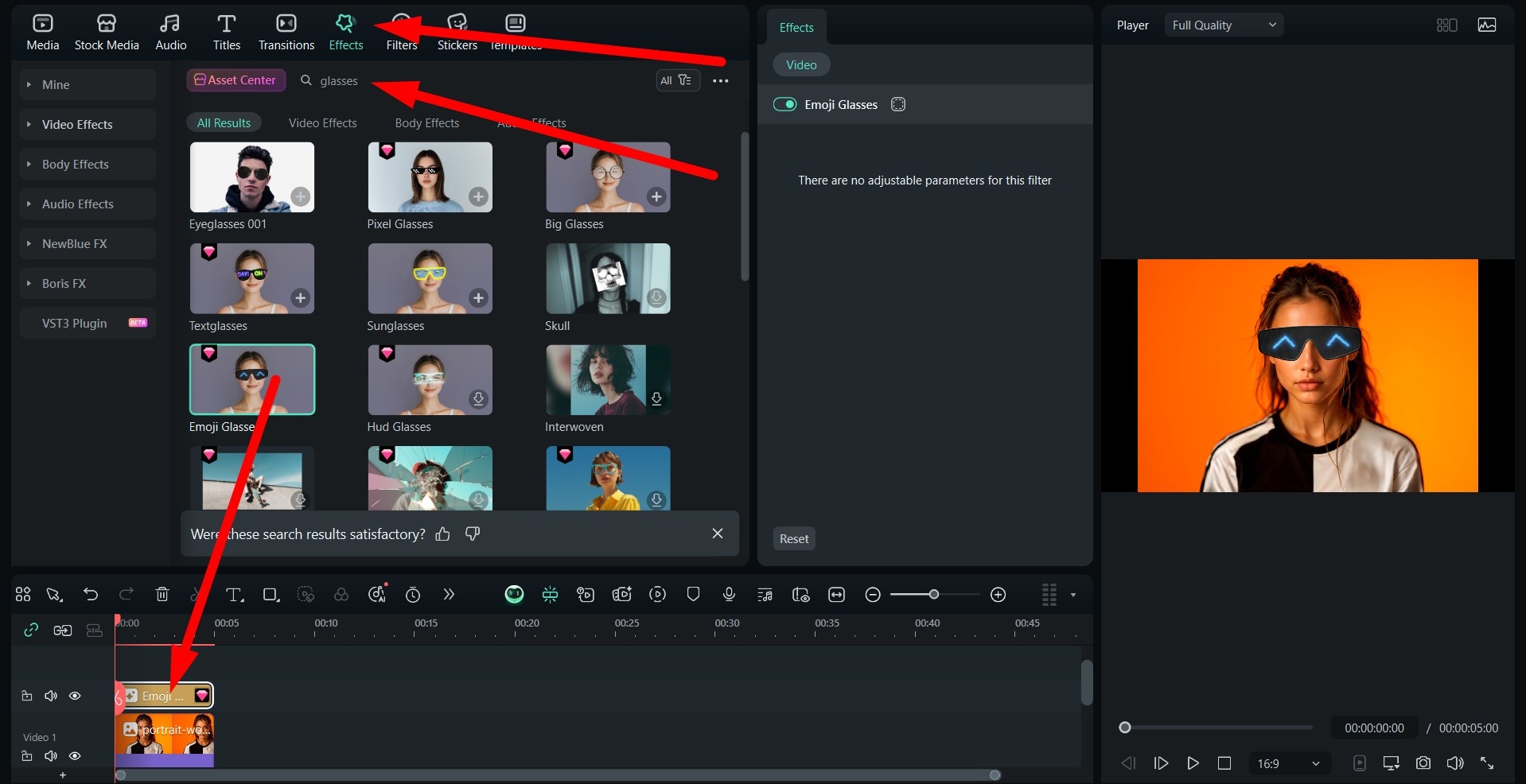 drag glasses effect to timeline pc