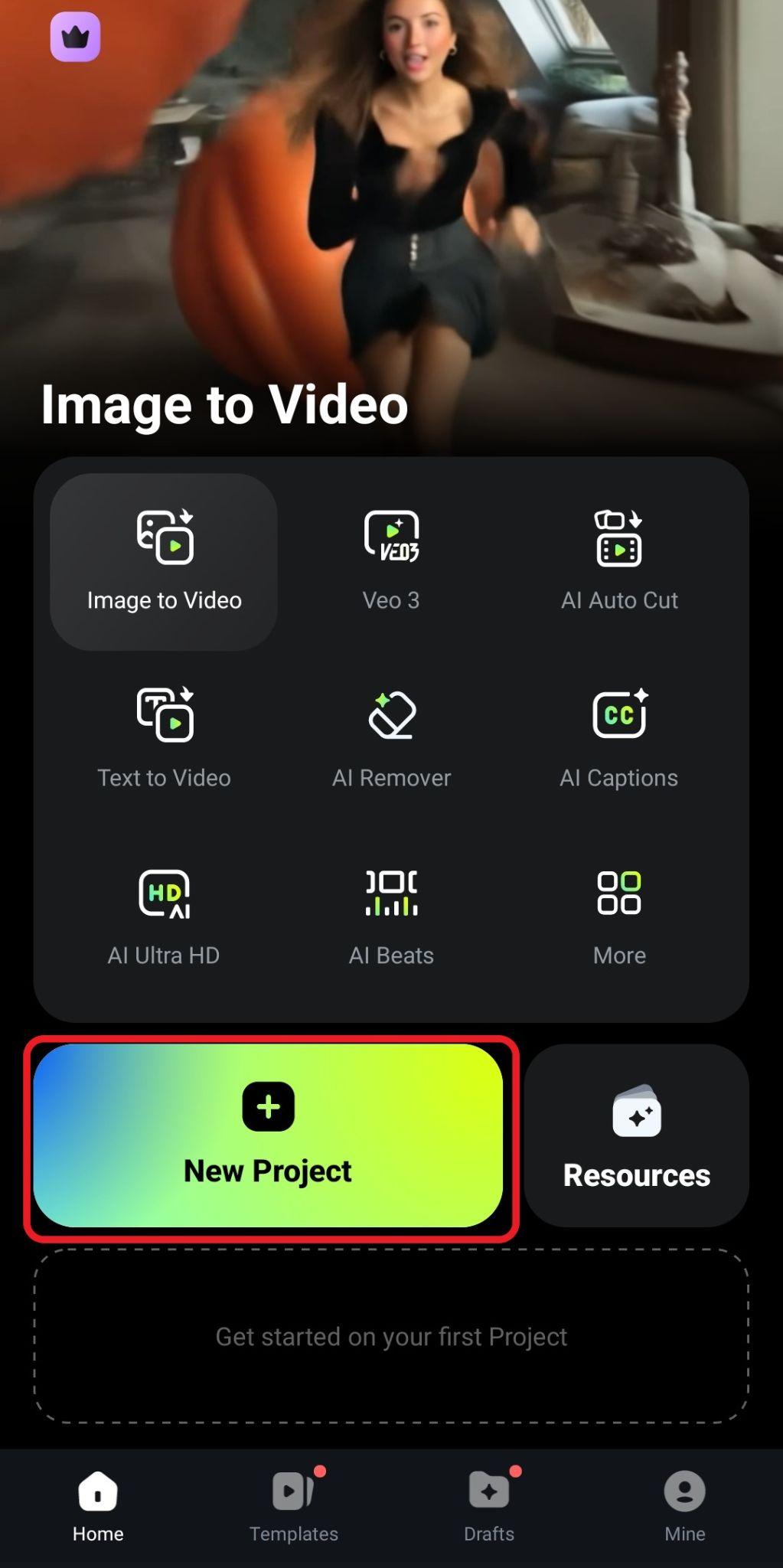 create a new project filmora mobile