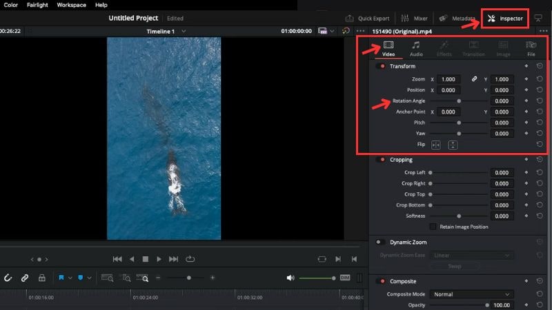 rotate video in inspector panel