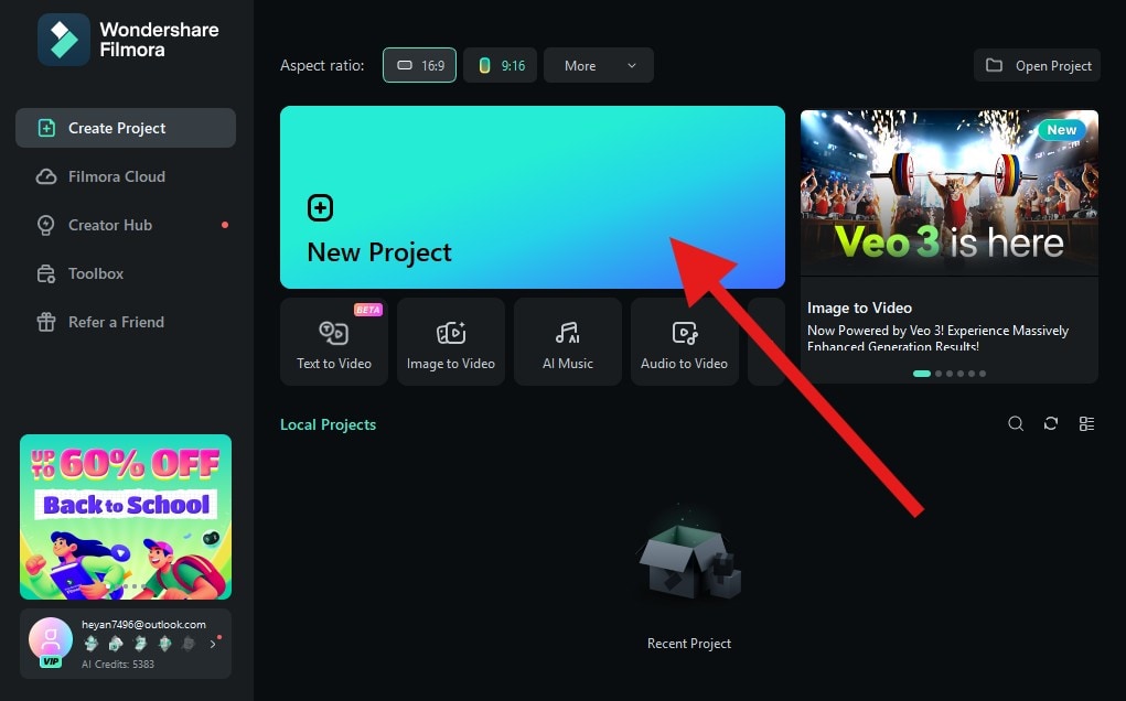 create a new project filmora desktop