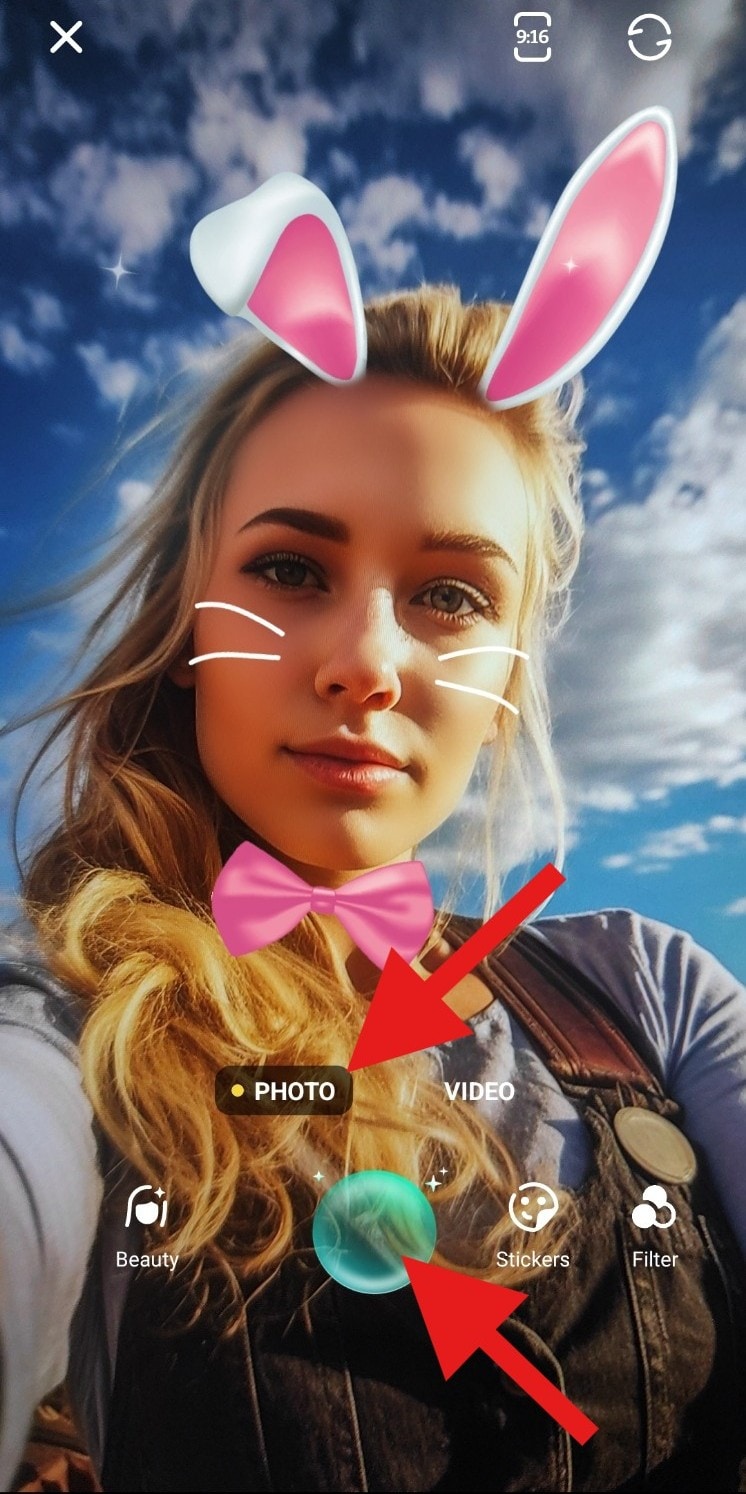 snap photo with find bunny ear filter