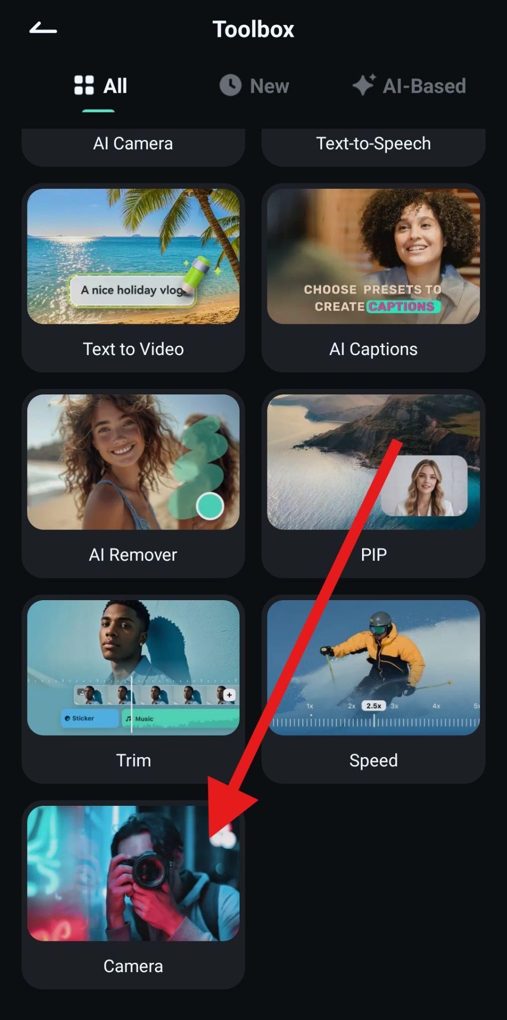 select camera feature filmora mobile app