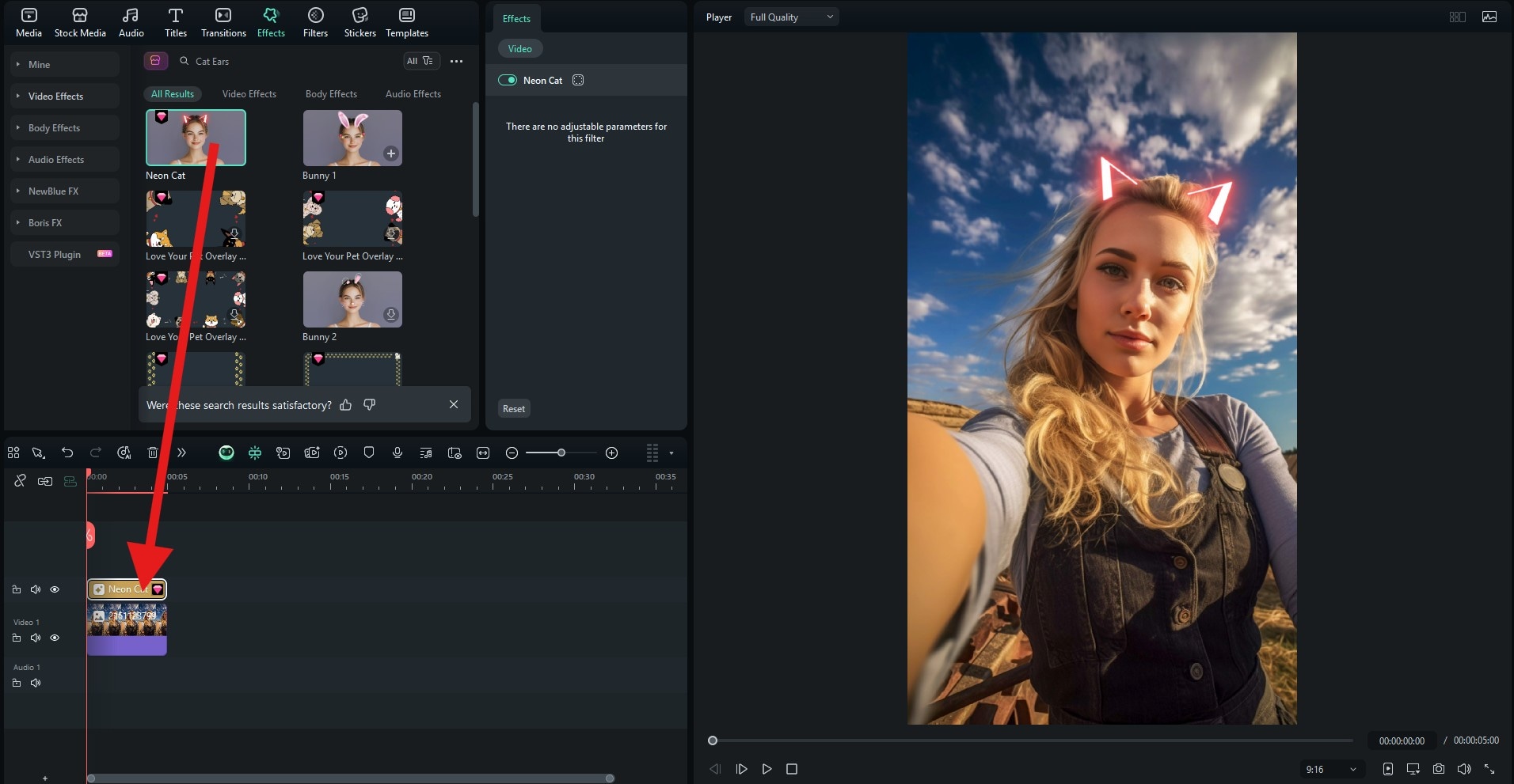 drag cat ears effect to timeline