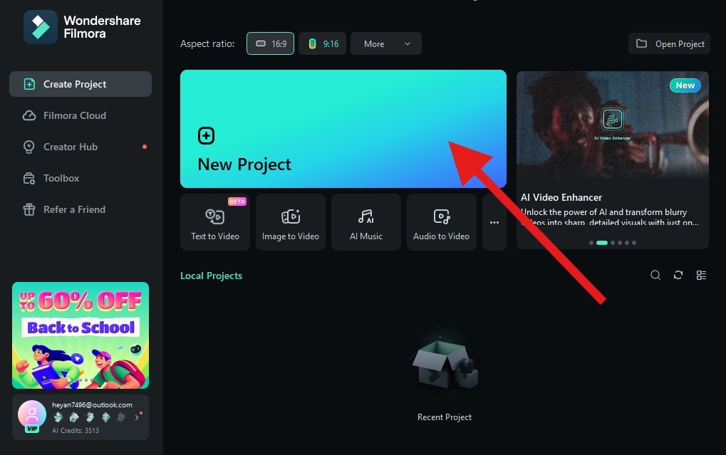create new project on filmora desktop