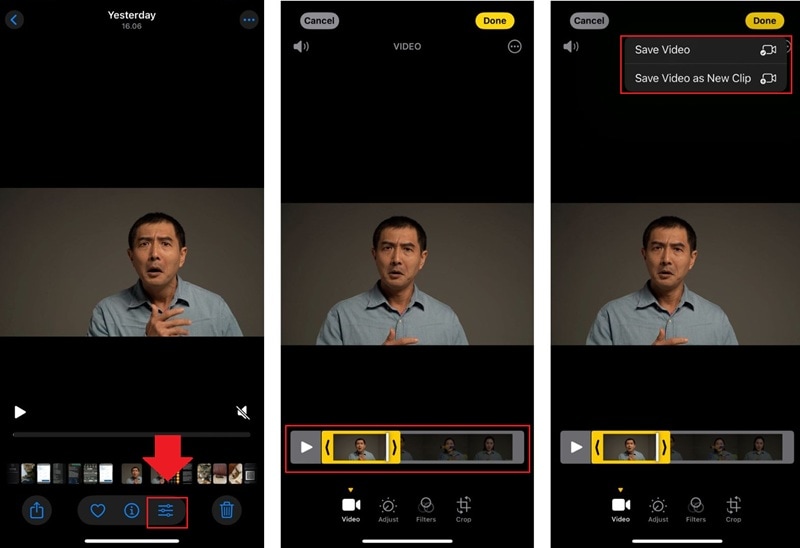 open photos app and trim video
