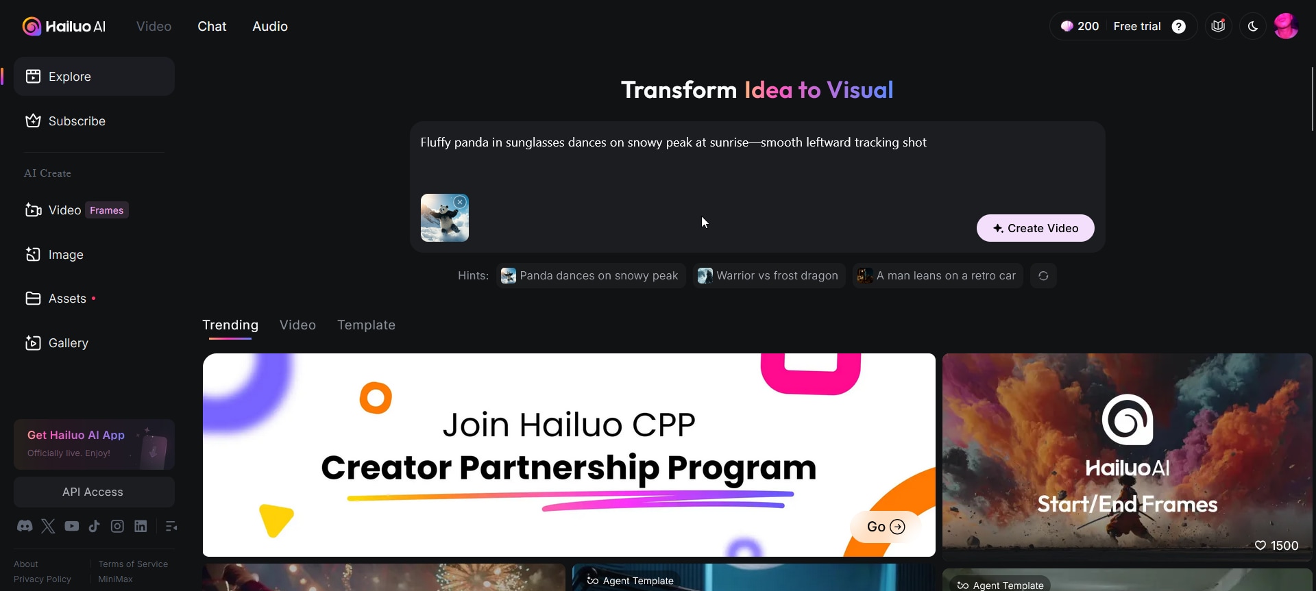 hailuo ai homepage with prompt