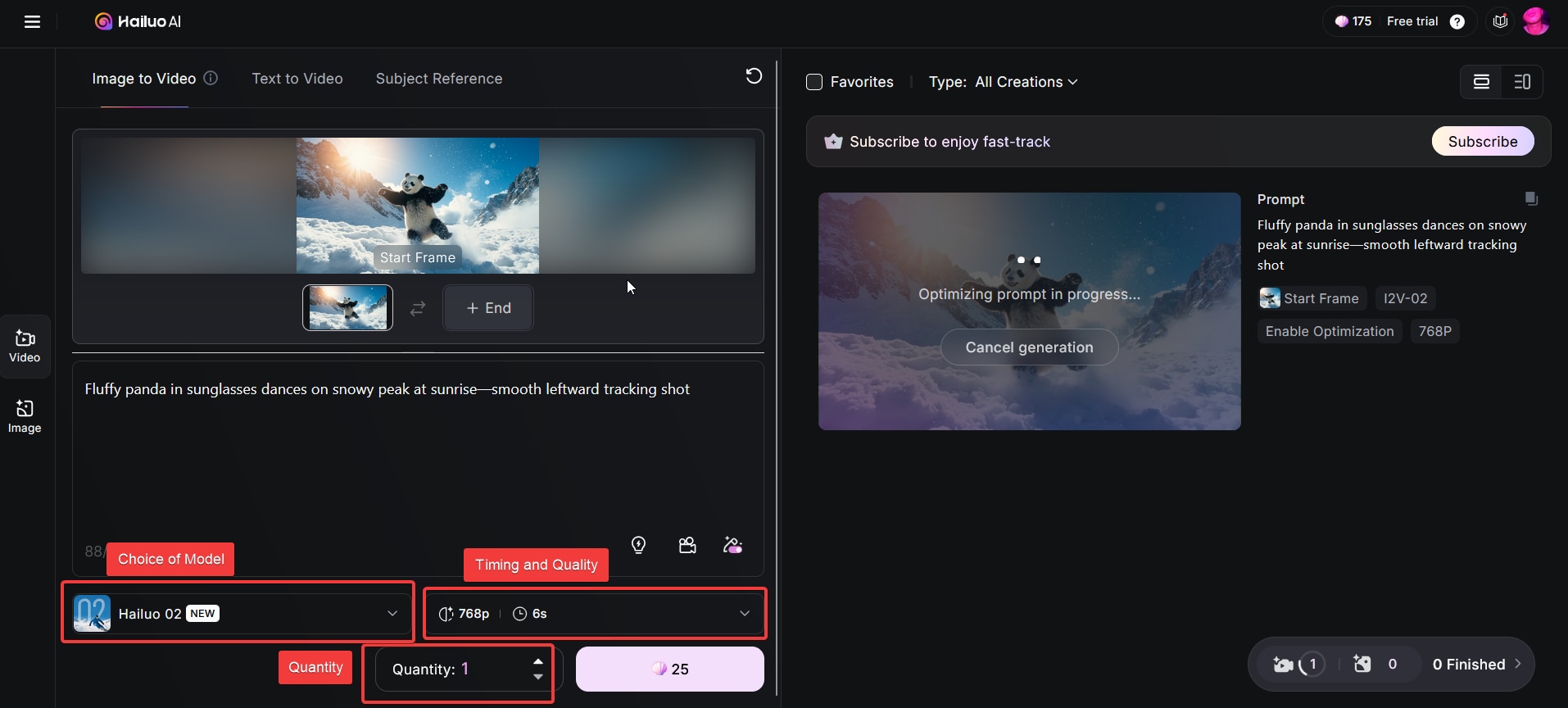 hailuo ai workspace with options