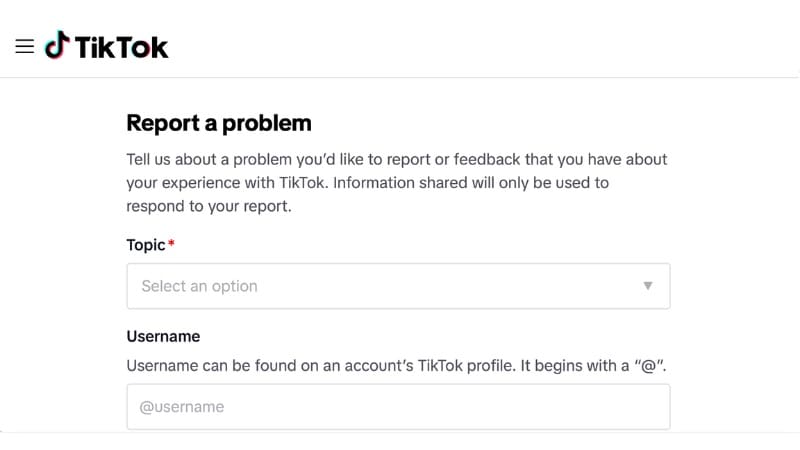 report a problem in tiktok web