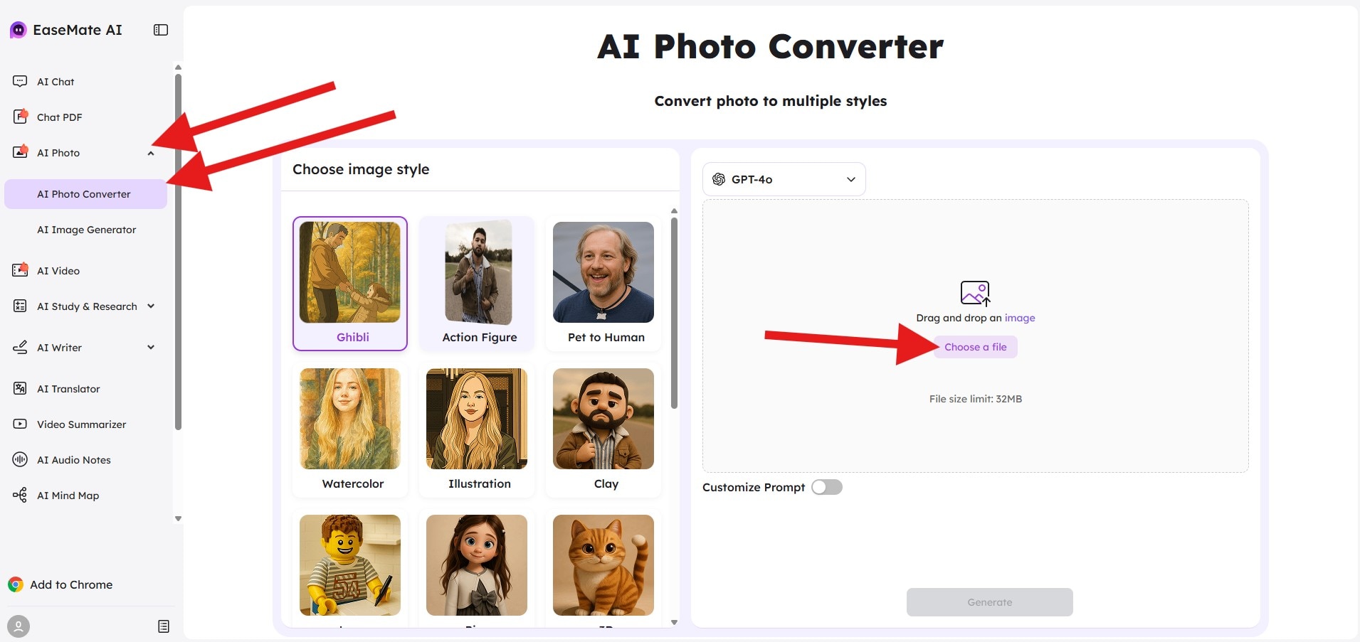 easemate ai photo converter upload file