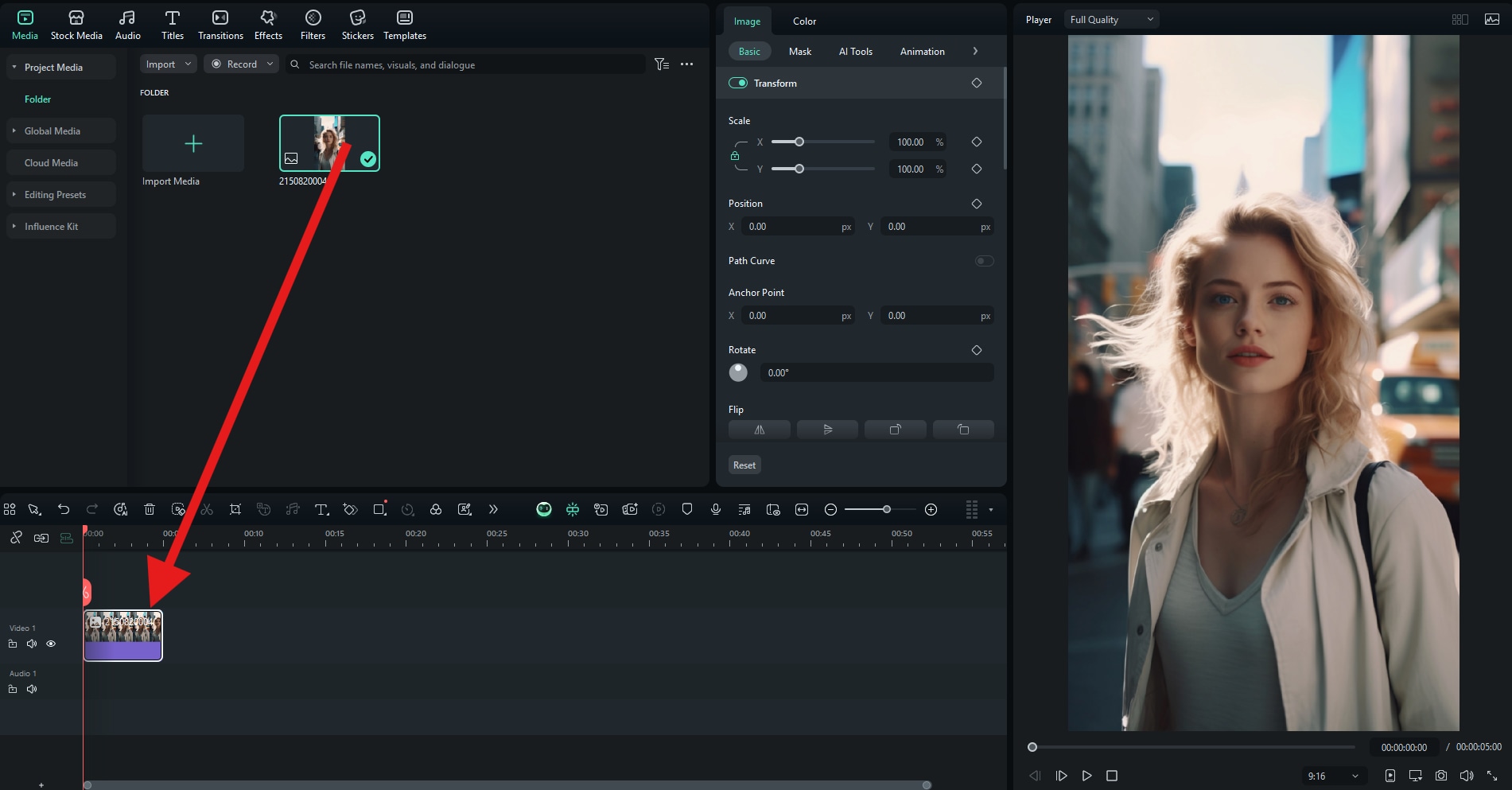 drag image to editing timeline filmora
