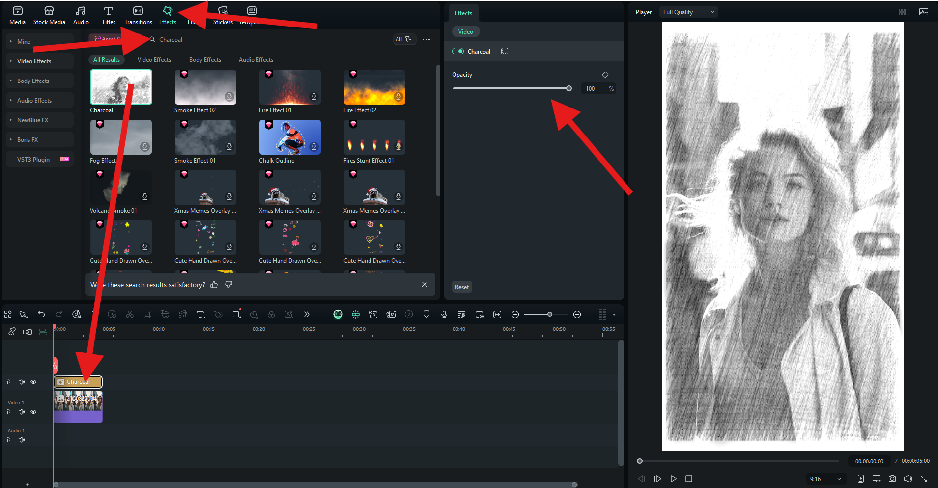 add charcoal effect to photo filmora
