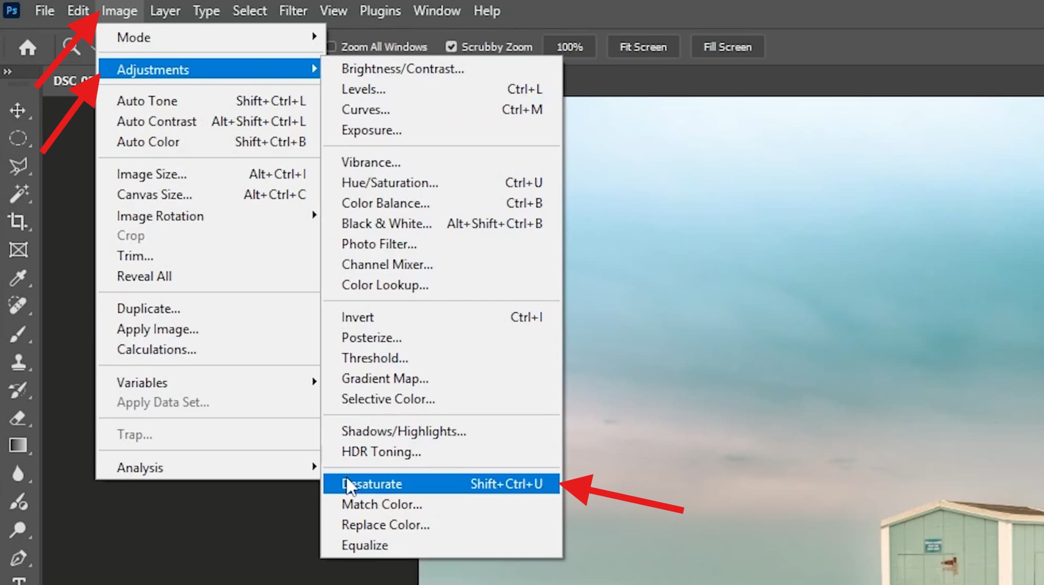 use the desaturate feature in photoshop