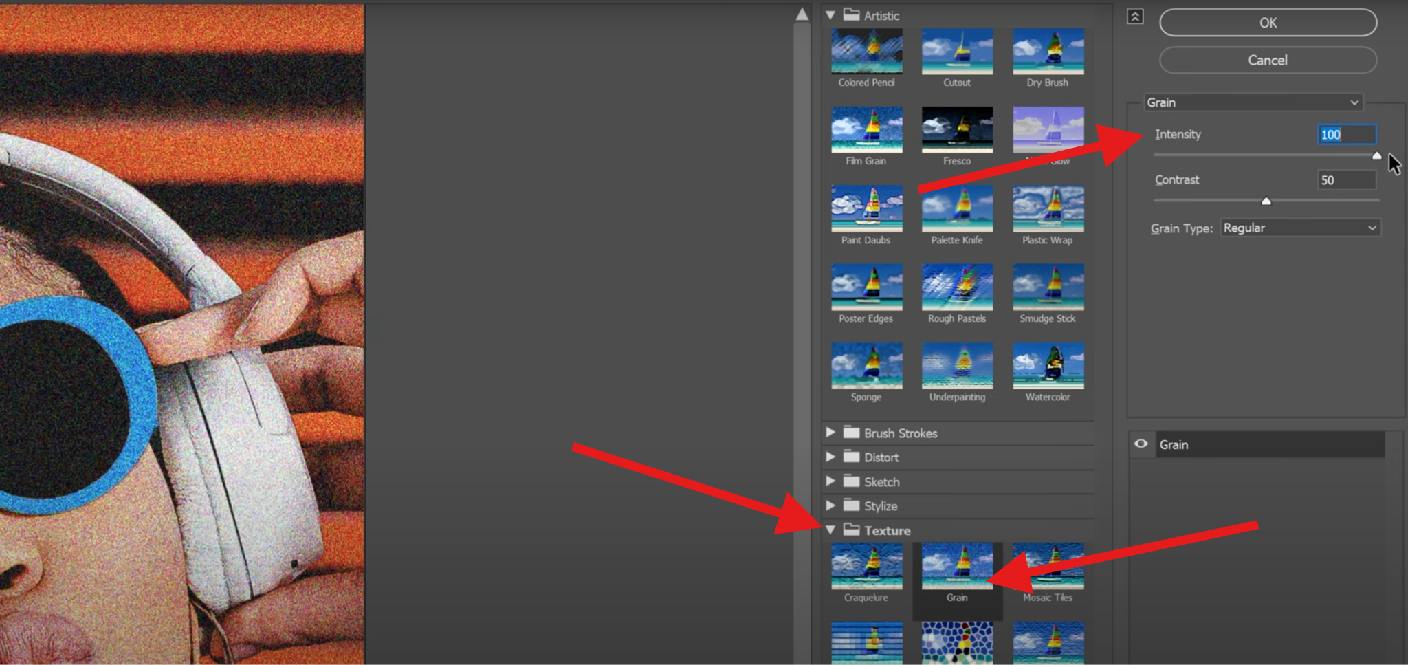 select grain filter on photoshop pc