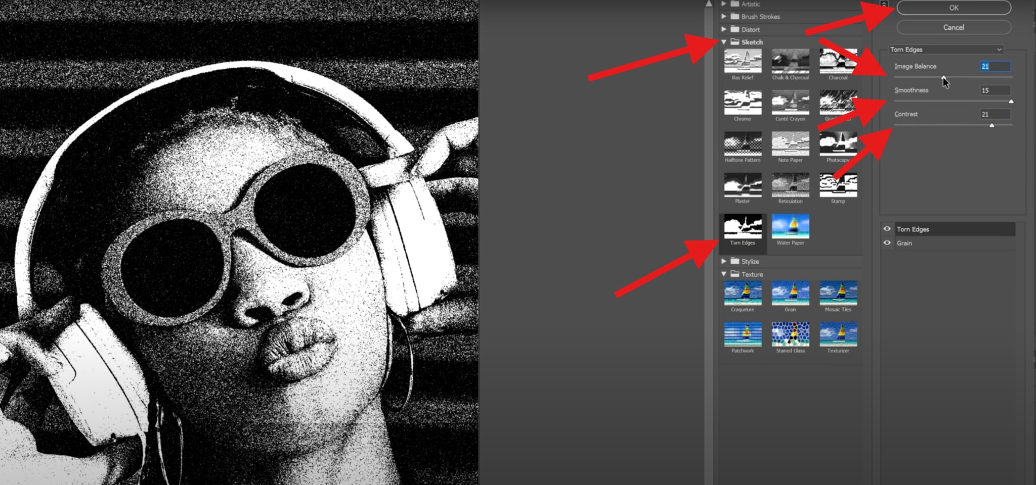 select torn edges sketch filter photoshop