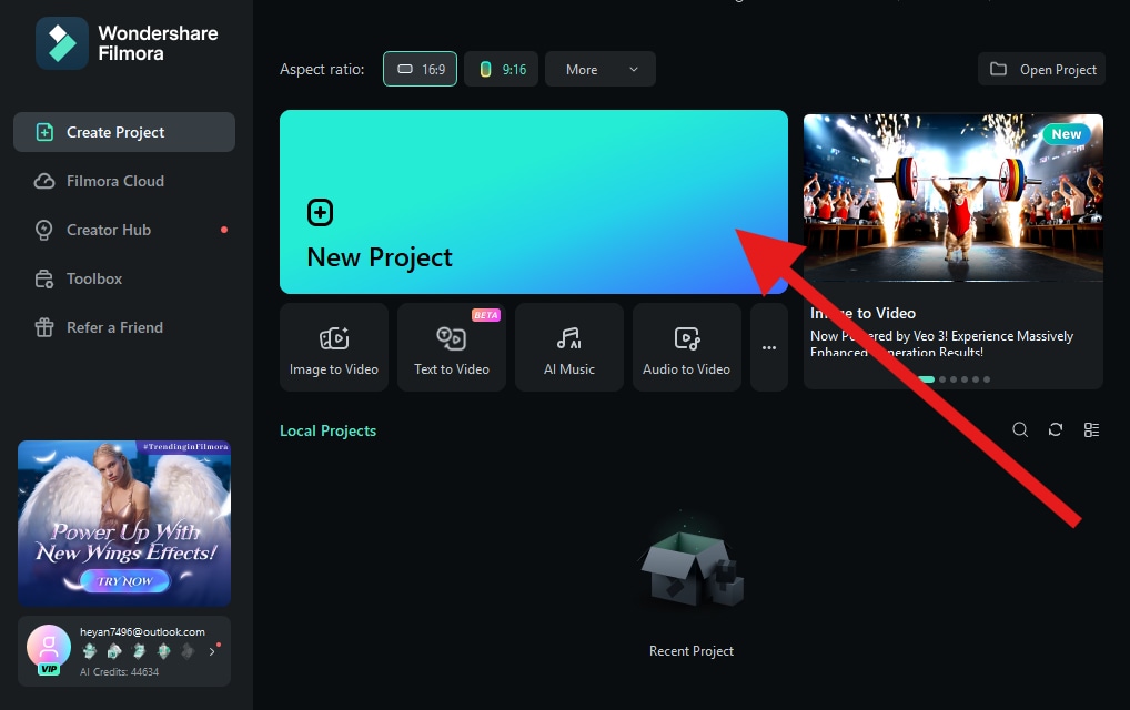 create a new project filmora desktop