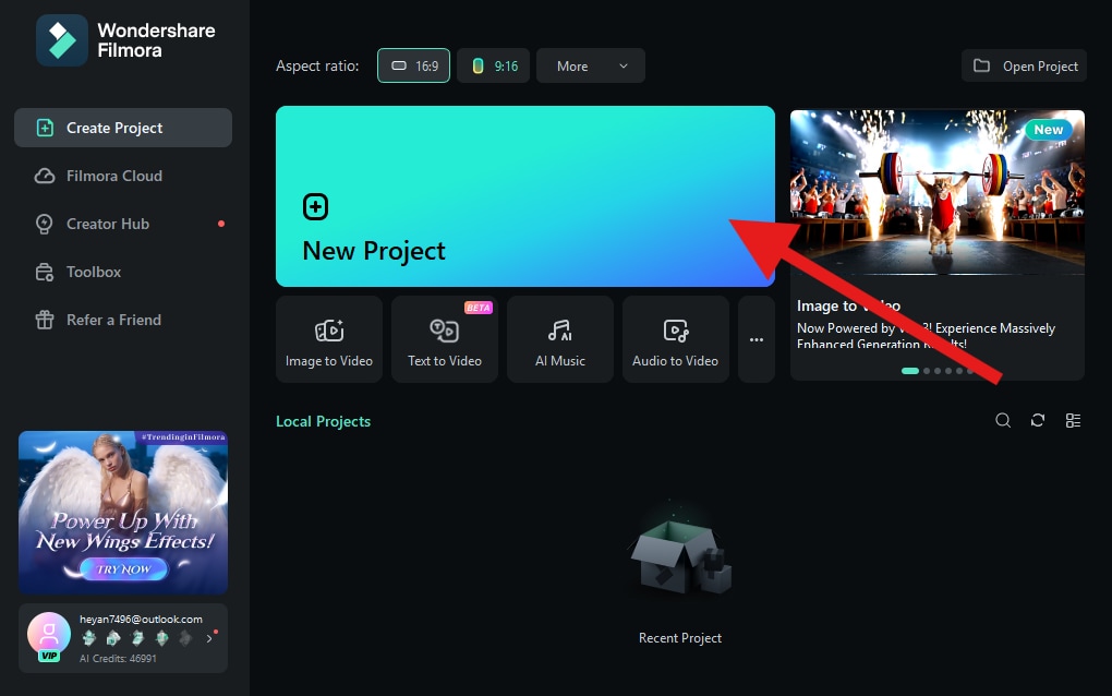 create a new project filmora desktop