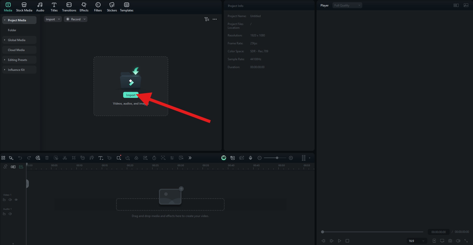 filmora desktop click on import button
