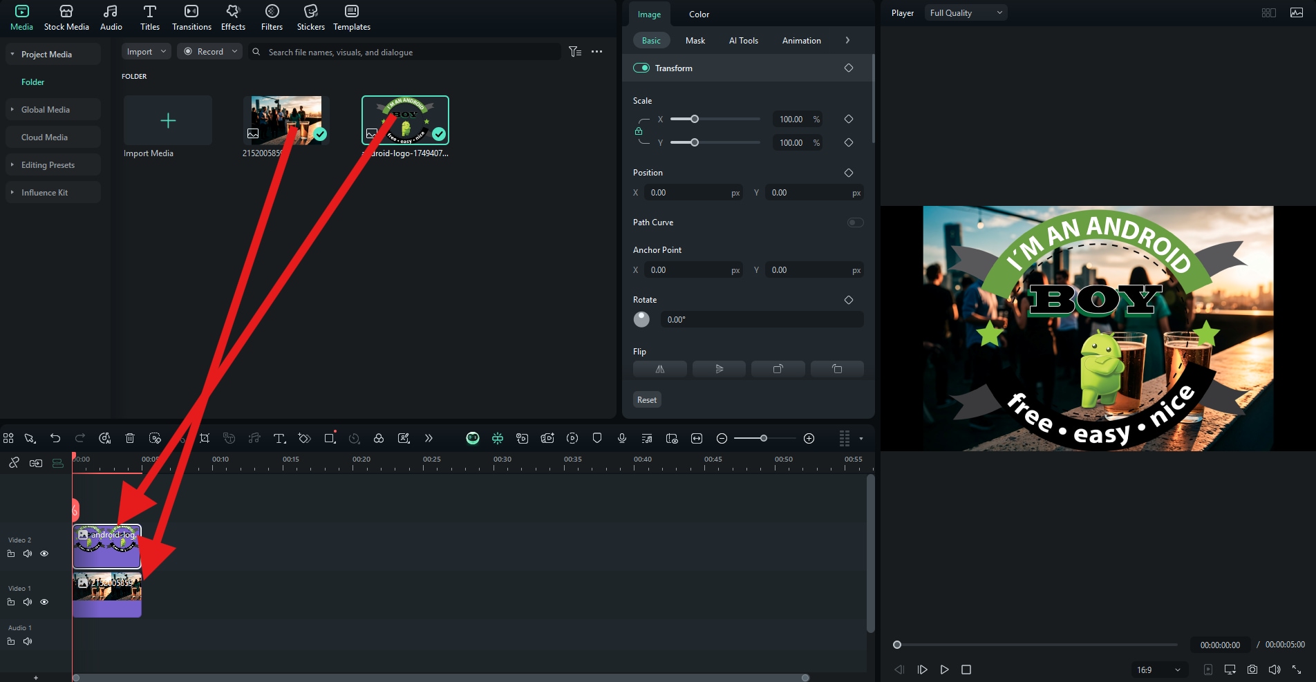 filmora desktop drag images to timeline