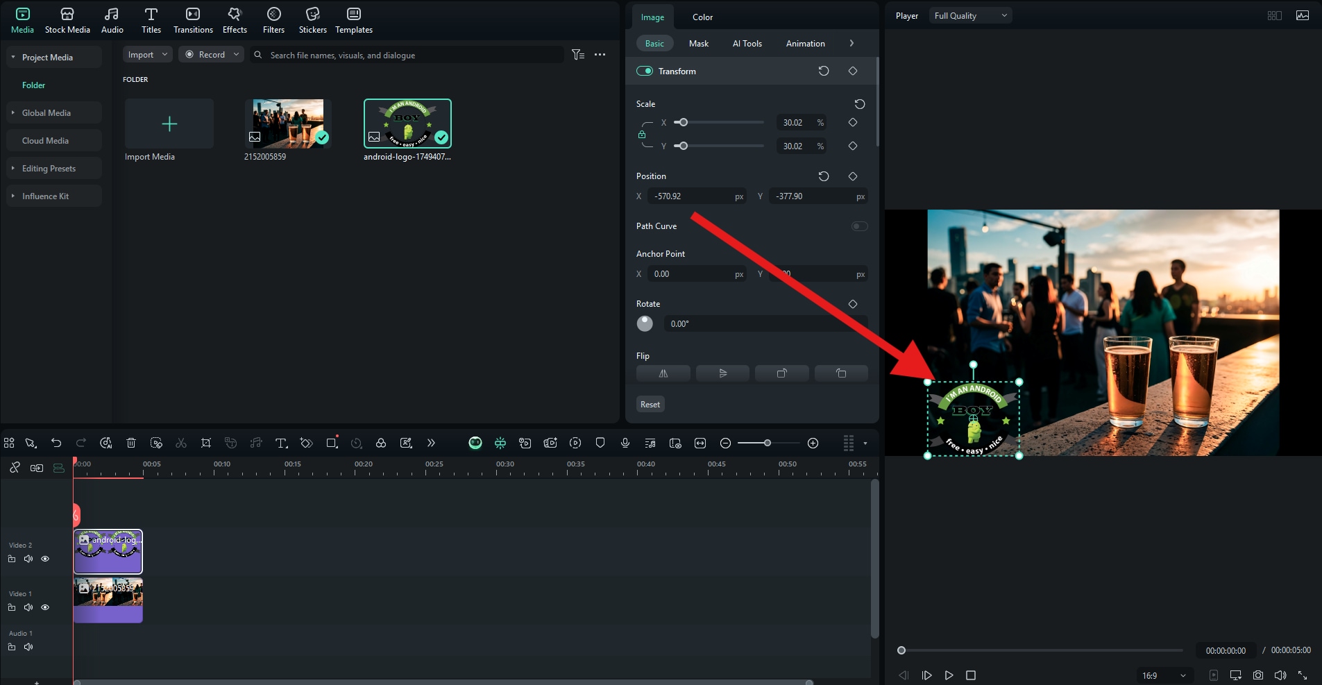 filmora adjust logo size and position