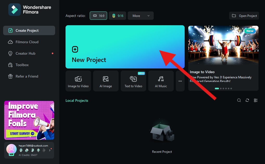 create a new project filmora desktop