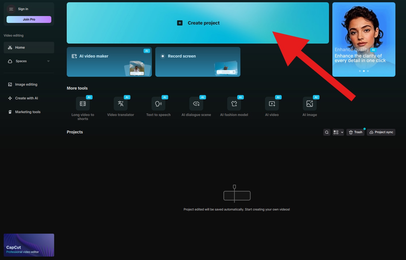 create project in capcut pc version