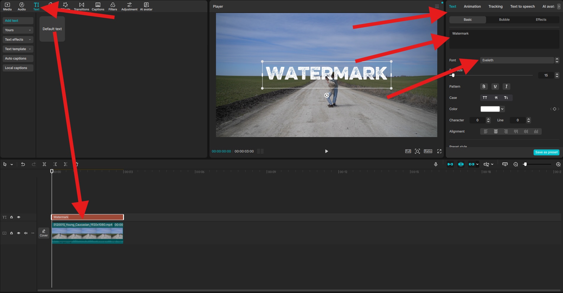 add text watermark to video capcut