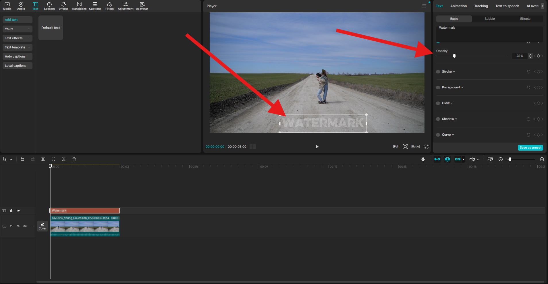 adjust text watermark opacity in capcut