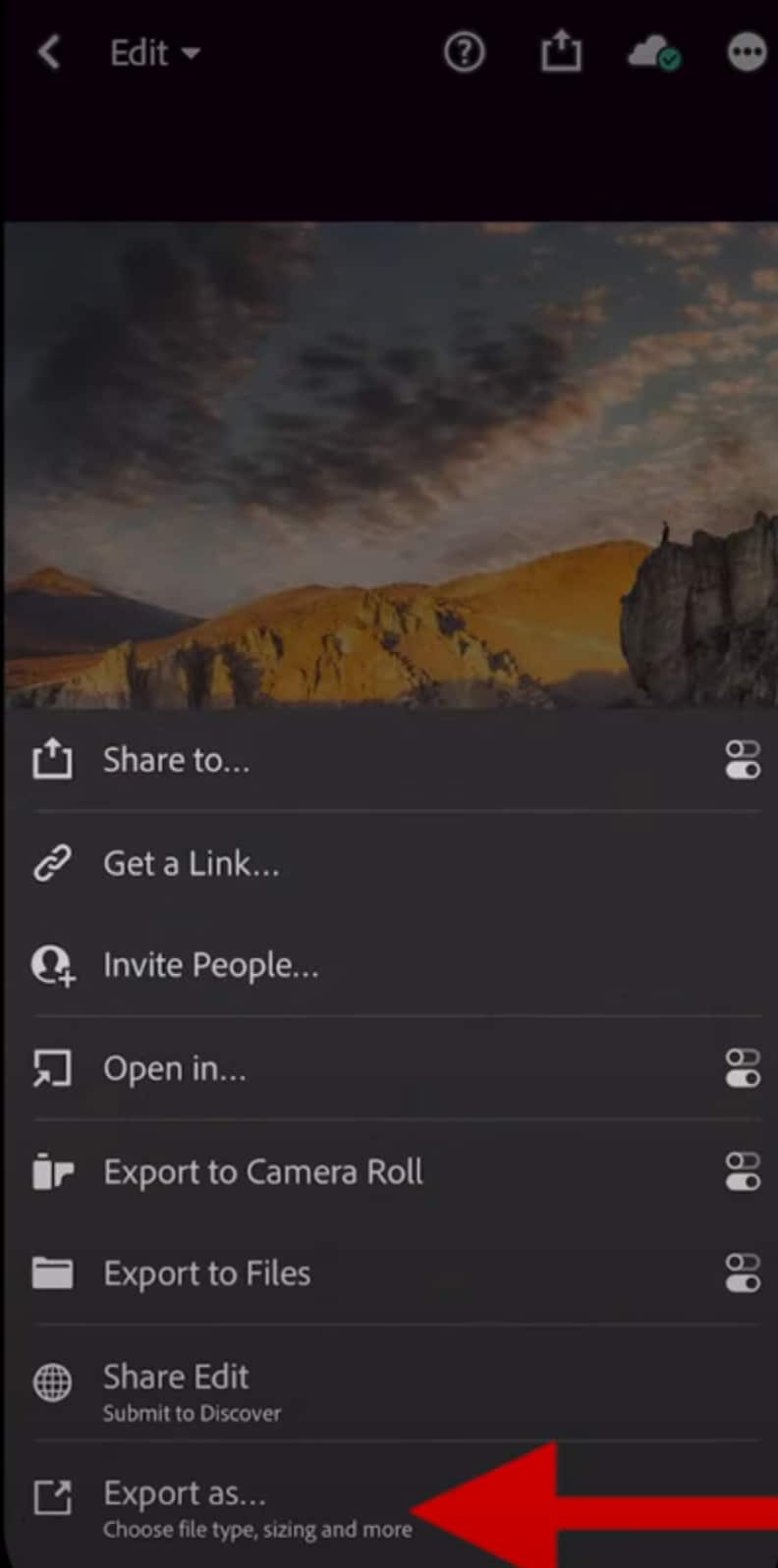 tap on export as lightroom mobile