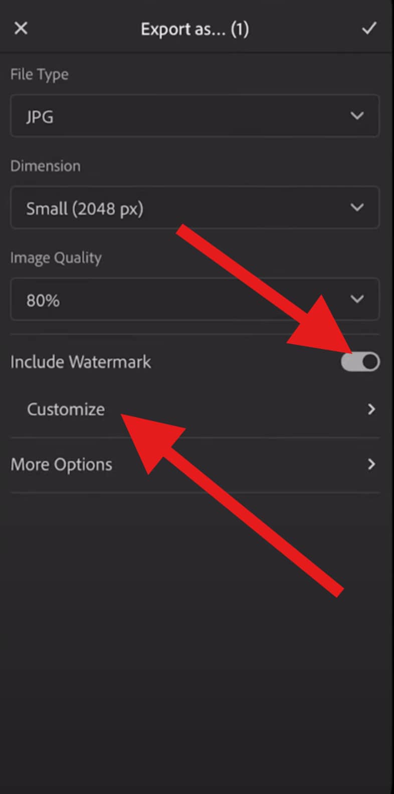 tap to customize watermark lightroom mobile