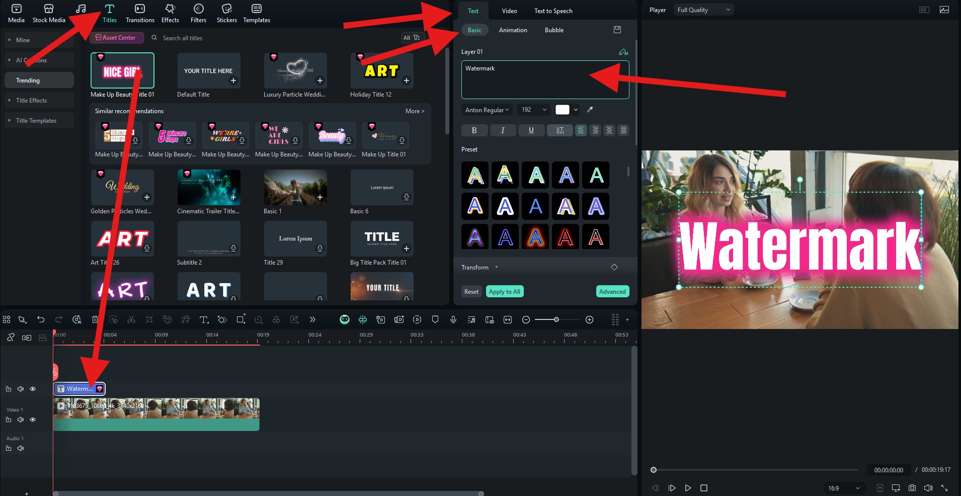 drag titles to editing timeline filmora