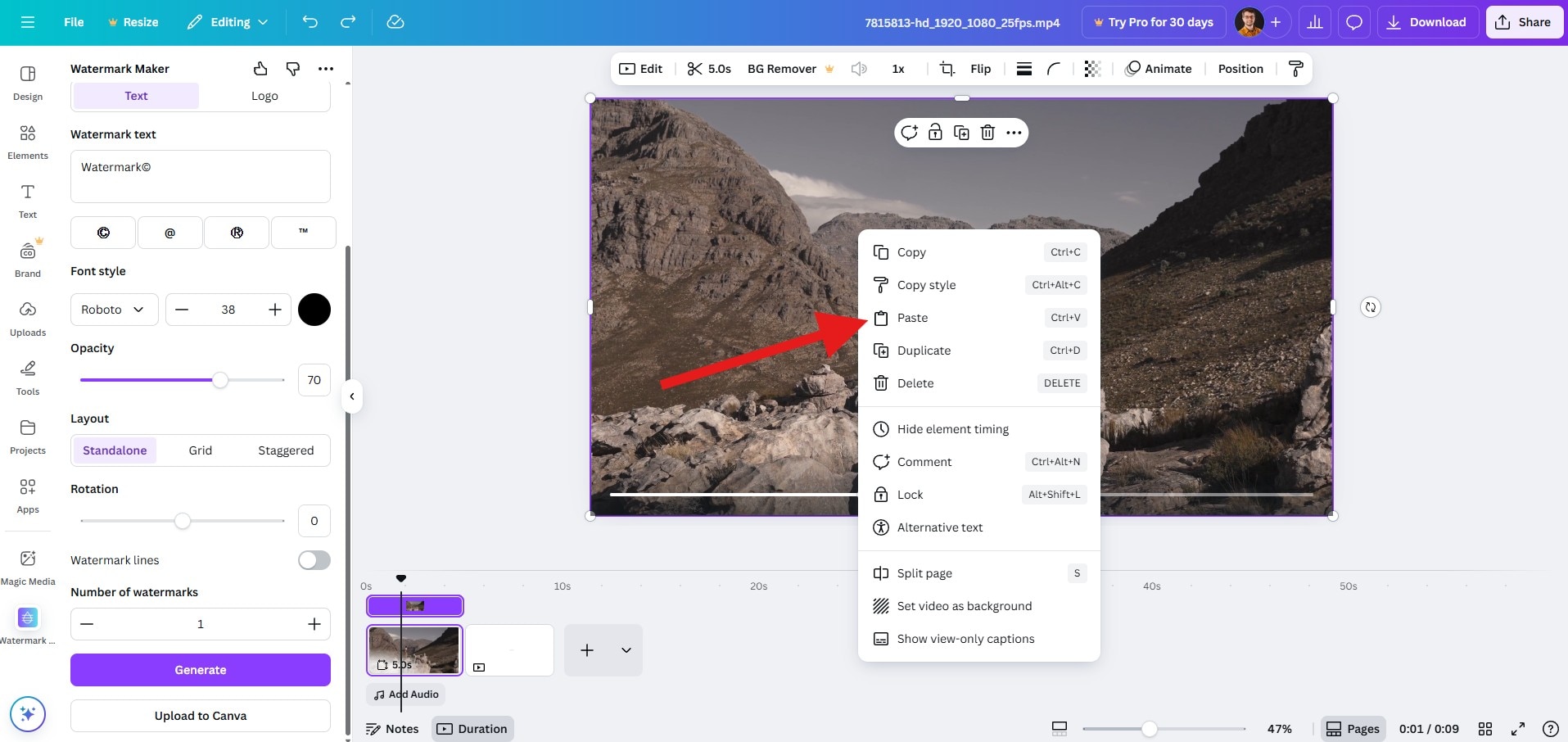 paste canva free watermark to video