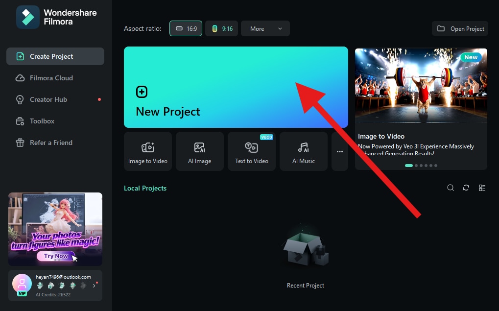 create a new project filmora desktop