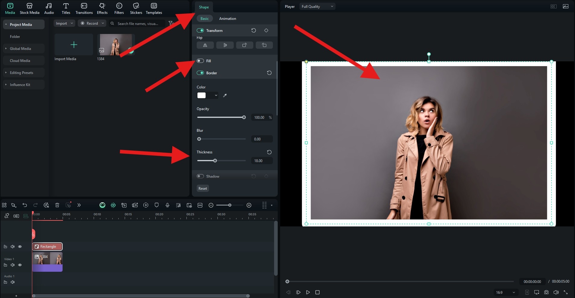 adjust custom rectangle as border filmora