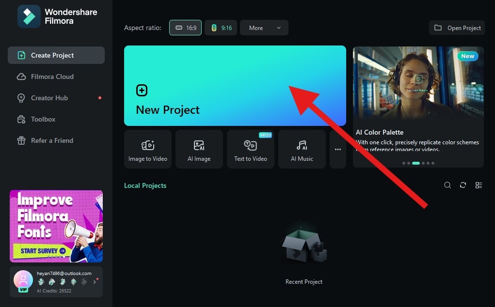open filmora desktop create new project